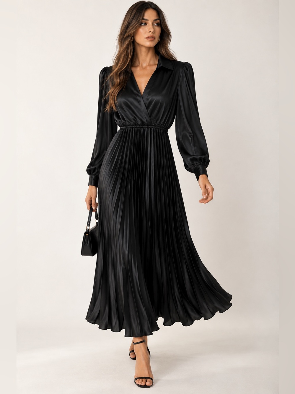 she + sky women’s small black satin pleated midi dress long sleeve wrap front